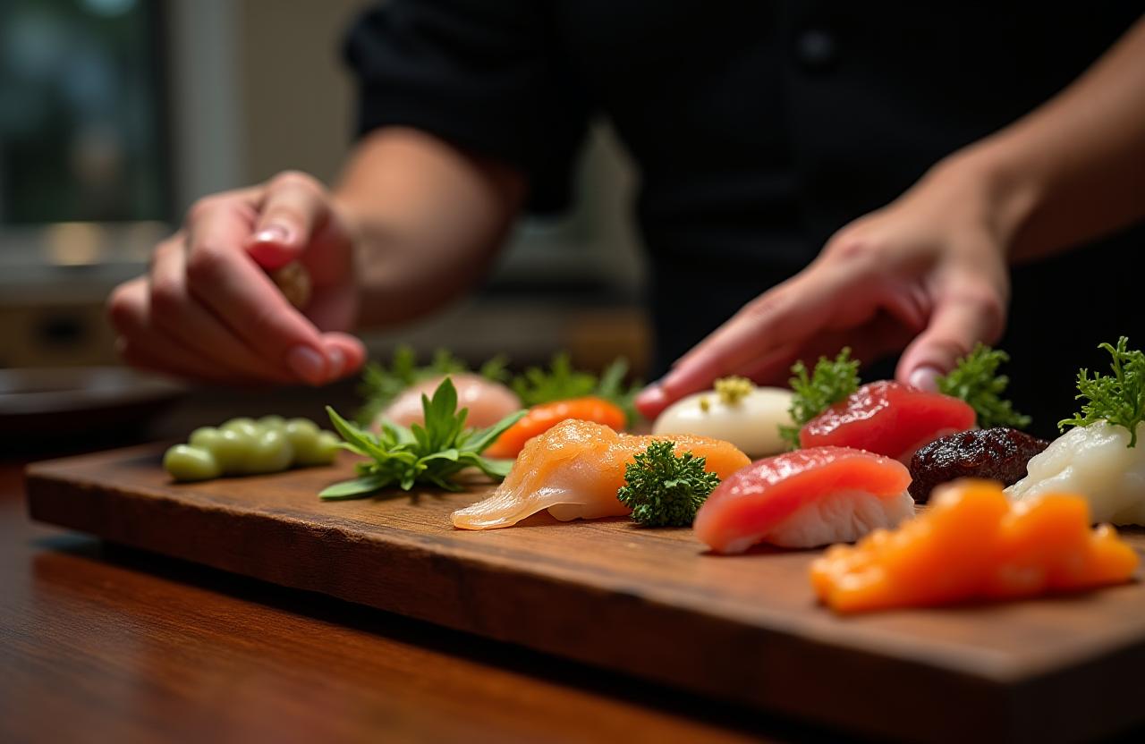 A chef's hands delicately arranging a luxurious seasonal platter for a catering event.