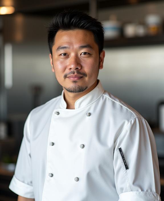 Portrait of Head Chef Kenji Sato in his kitchen.