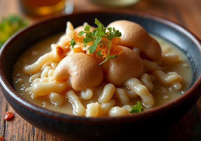 An autumn menu dish featuring Matsutake mushrooms in a clay pot.