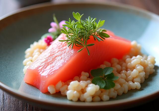 A spring menu dish featuring Sakura-dai (cherry blossom sea bream).